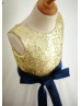 Gold Sequin Ivory Tulle Deep V Back Knee Length Flower Girl Dress